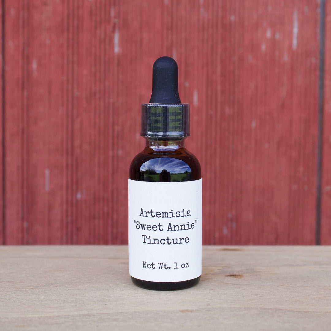 Bottle of Artemisia Sweet Annie Tincture on a wooden surface with a red wooden background