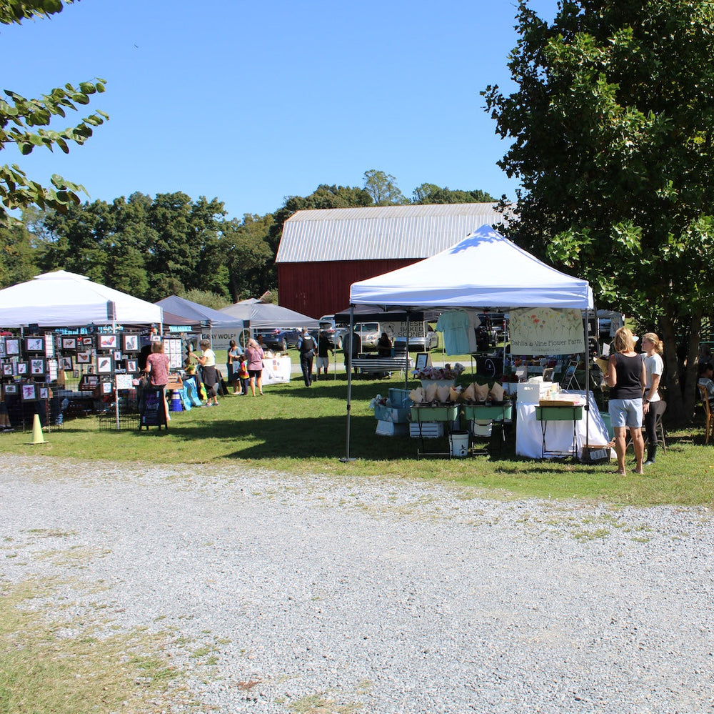 An outdoor farmers market scene with several white vendor tents set up on a grassy field. People are standing and browsing at the tents, with a red barn, large green trees, and a blue sky in the background.