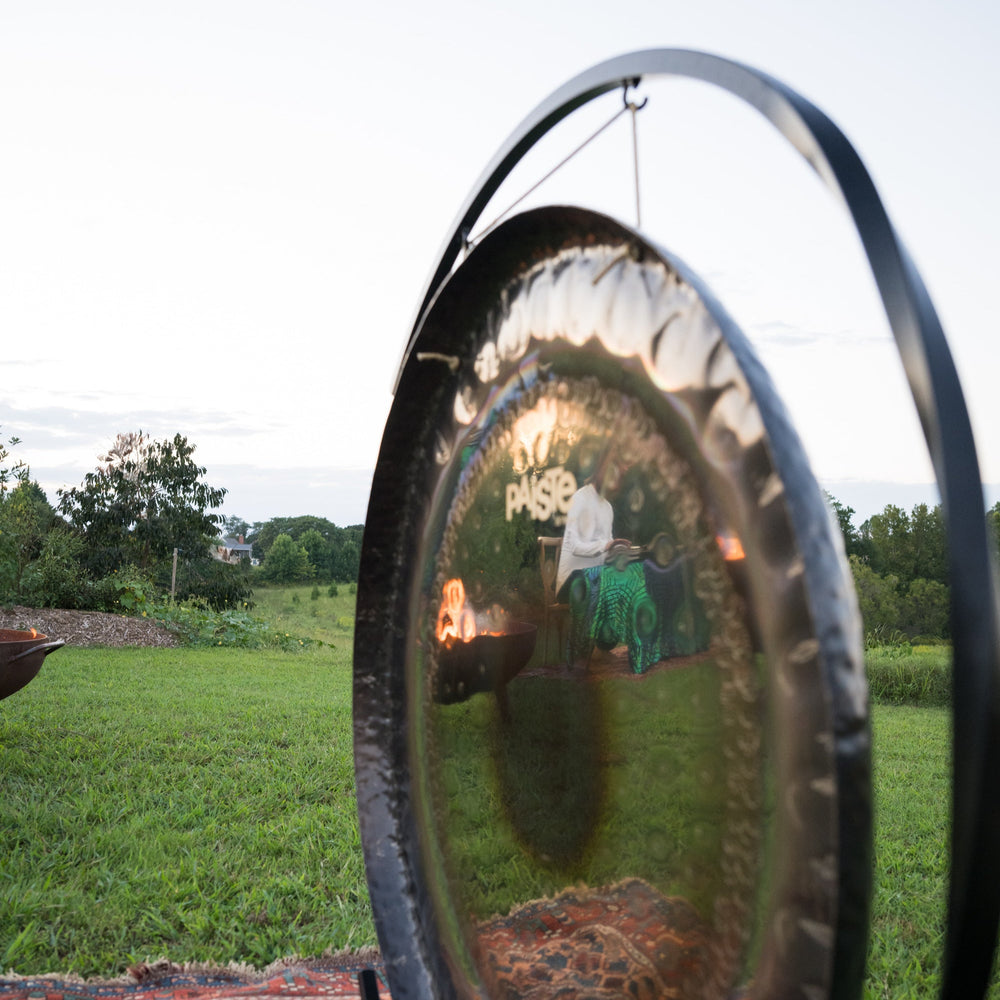 Gong on a mat with a scenic background of trees and sky.