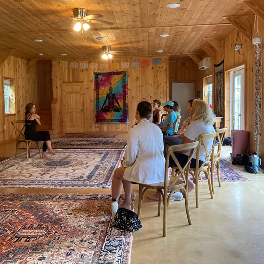 People sitting on chairs in a wooden building
