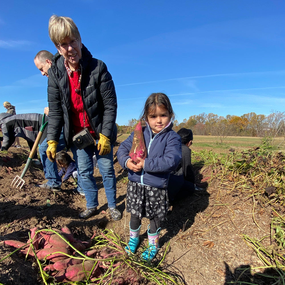 Two people, an adult and a child, working in a field with tools and plants.