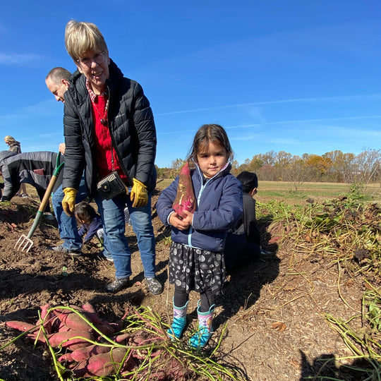 Two people, an adult and a child, working in a field with tools and plants.