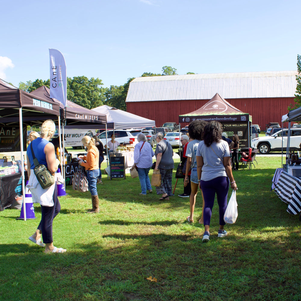 Outdoor event with people walking around and vendors under tents on a grassy field.