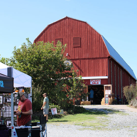 Red barn with people and tents in the foreground.