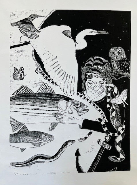 Black and white wood print of a person with animals around them on a white background
