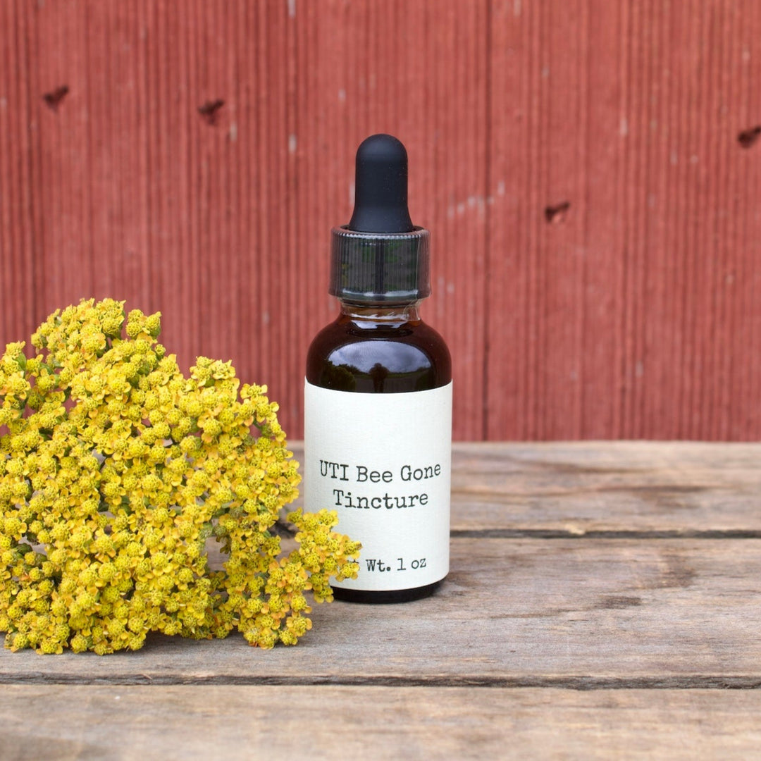 Bottle of UTI Bee Gone Tincture with yellow flowers on a wooden surface against a red wooden background