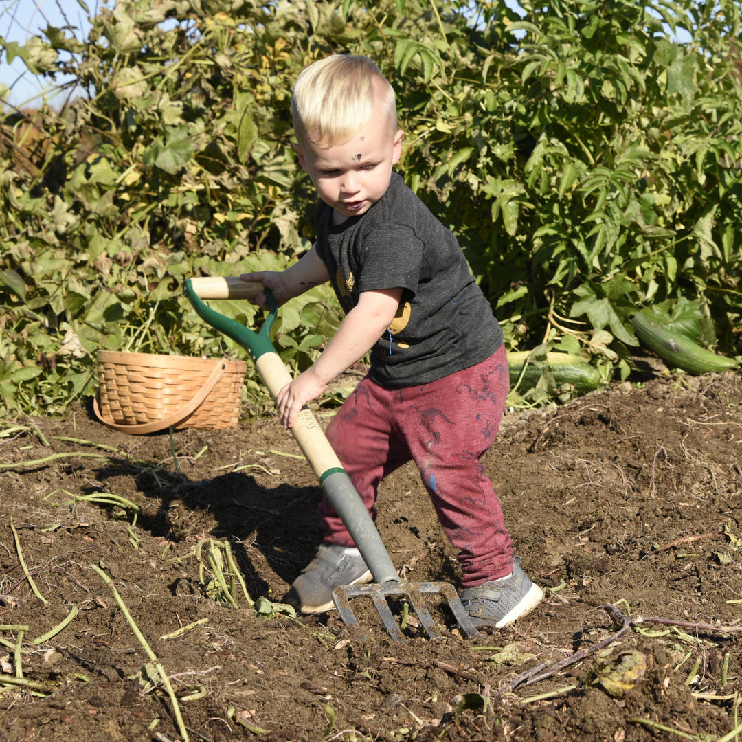 Child gardening in a field with a basket and tools