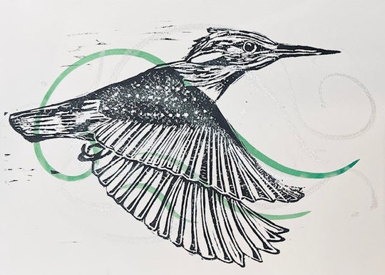 Black and white illustration of a bird in flight on a light gray background with green circular elements.